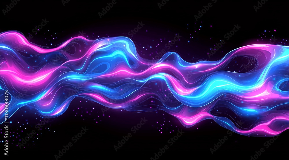 Poster Colorful abstract waves of light flow against a dark background creating a mesmerizing visual effect. Abstract art illustration