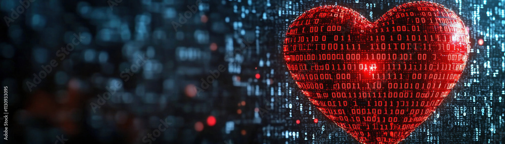 Poster valentines love heart digital technology. digital heart design with binary code background.