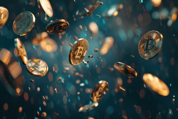 Image of floating bitcoins and litecoins with empty space Digital currency monitoring and exchange concept High resolution image