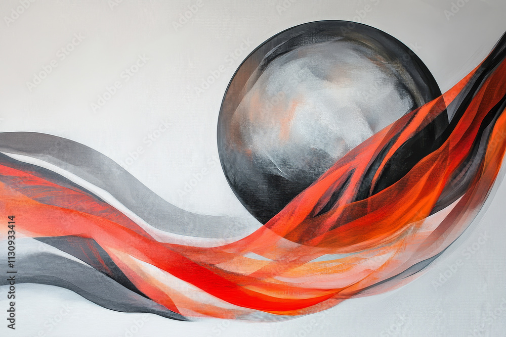 Poster a dynamic abstract sphere with scarlet waves, minimalistic and fierce against a light grey canvas.
