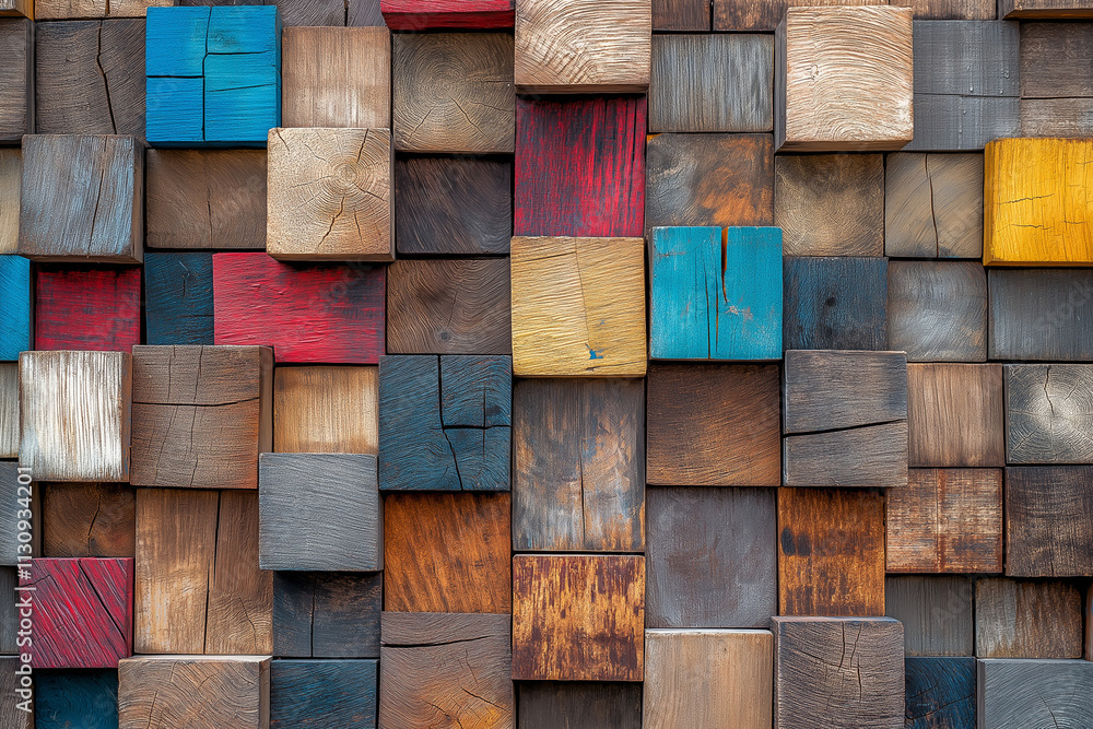 Poster wood aged art architecture texture abstract block stack on the wall for background, abstract colorfu