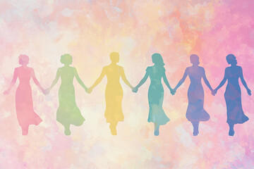Fototapeta premium Colorful silhouettes of women holding hands, shaded in pastel tones, set against a soft pink abstract background.