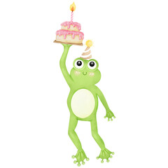 Fototapeta premium Cartoon frog holding watercolor birthday cake hand drawn