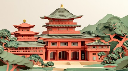 Obraz premium Paper art style Japanese ancient architecture,