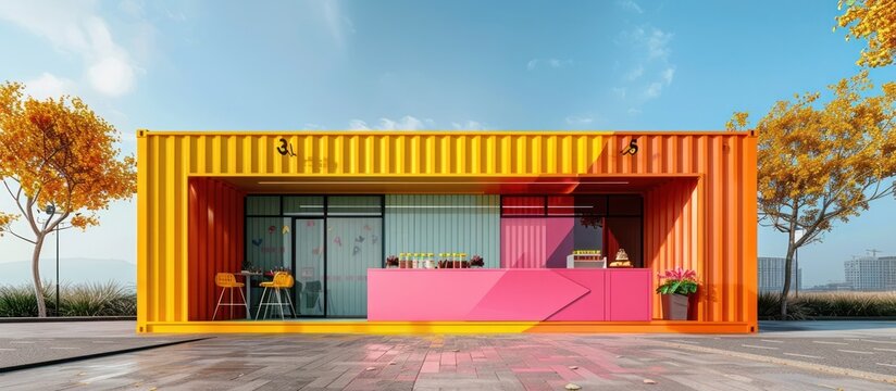 Vibrant Shipping Container Transformed into Colorful Modular Building Exterior for Commercial or Exhibition Use  Innovative industrial style architecture with a contemporary and trendy facade design