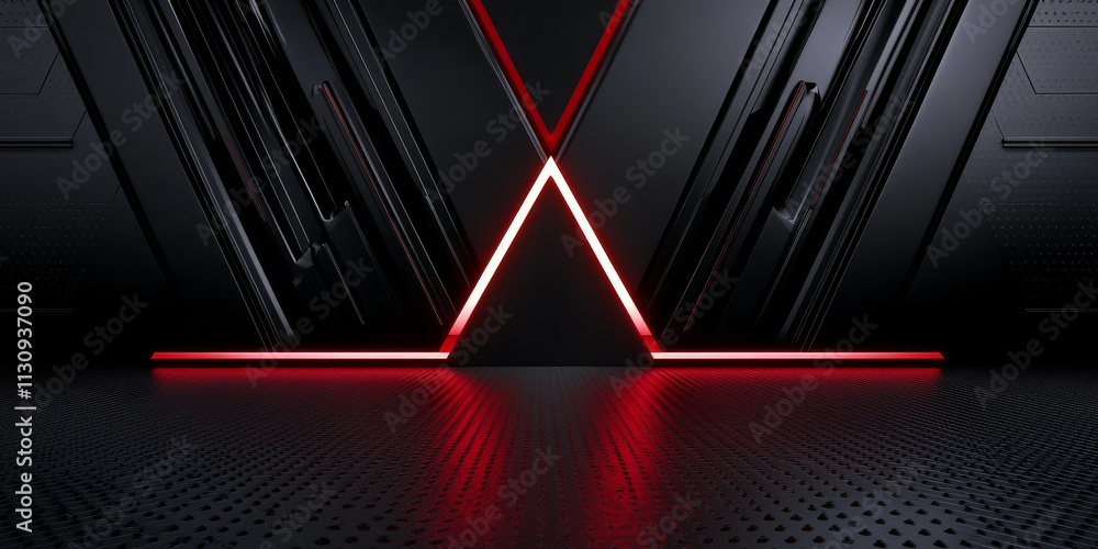 Poster futuristic jet black background with a 3d triangular block structure. the wall's texture is enhanced
