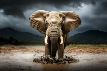 Fototapeta premium Majestic Elephant Splashing Water in a Wild Landscape with Dramatic Clouds and Lush Mountains in the Background
