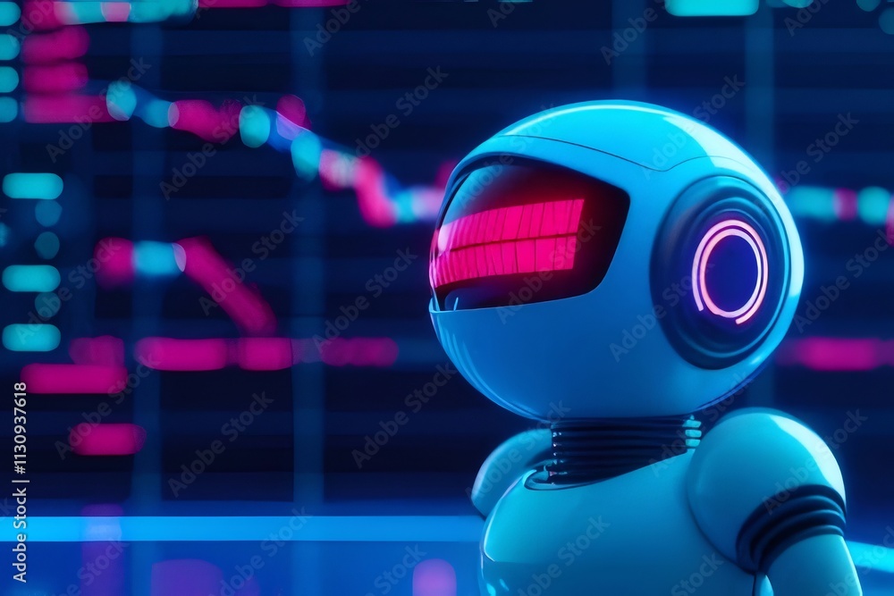 Poster futuristic robot monitoring stock market data on a screen.