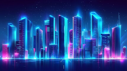 Futuristic cityscape at night with vibrant neon lights reflecting on water.