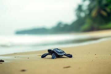 Newborn Sea Turtle Hatchling Crawling on Sandy Beach with Ocean Waves in Background, Tropical Landscape in Soft Focus, Nature's Beauty and Biodiversity