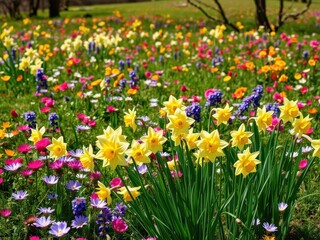 Obraz premium A breathtaking view of vibrant yellow daffodil flowers covering the field under a clear blue sky, sunny, scenic