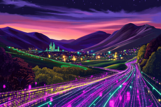 A vibrant glowing circuit design with intersecting lines and colorful luminous digital pathways.