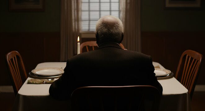 Back view of a lonley, sad and depressed old or elderly african american man sitting at the dining table alone.