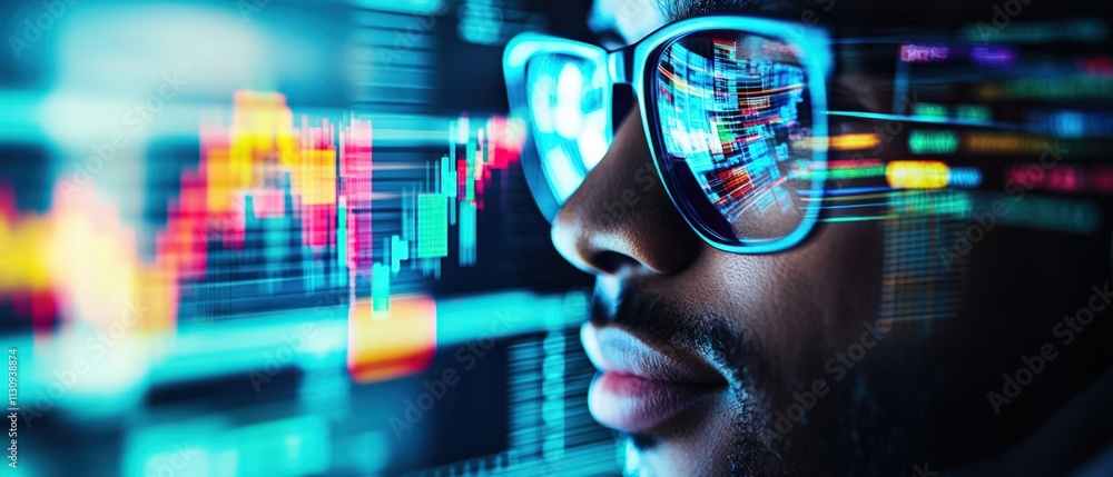 Poster a focused individual analyzes digital data trends through smart glasses, reflecting a vibrant displa