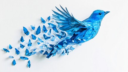 Fototapeta premium Blue Bird Taking Flight: A Whimsical Transformation into Butterflies