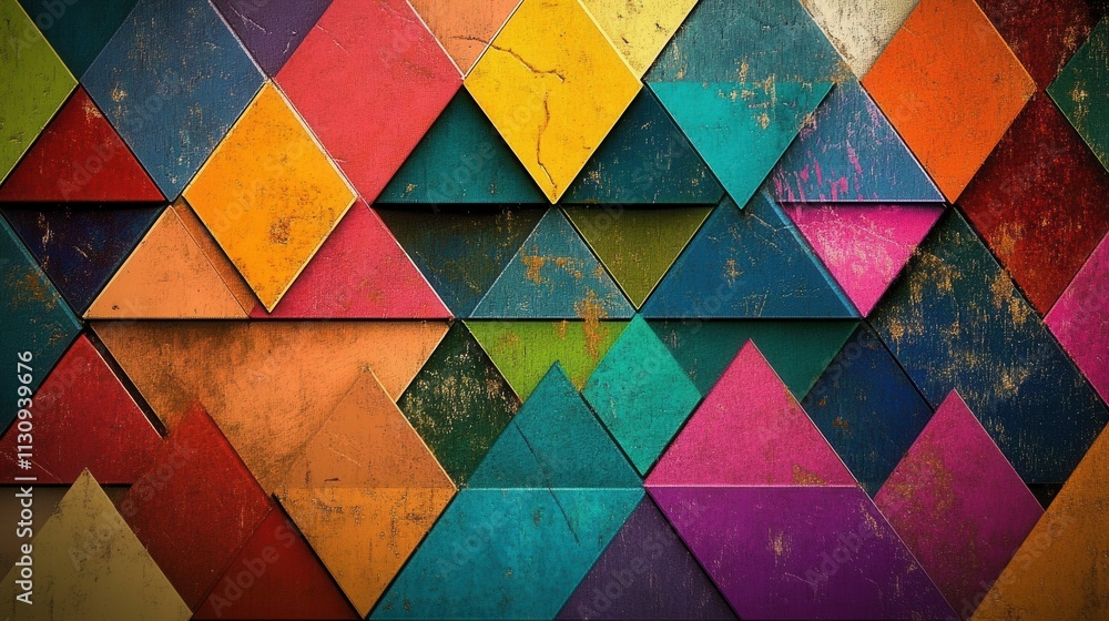 Poster vibrant abstract geometric triangle pattern with distressed texture colorful triangles background de