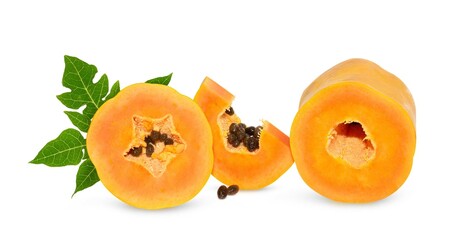 ripe papaya fruit with seeds isolated on white background. full depth of field