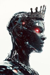 A powerful robotic figure featuring dark metallic details and glowing red eyes symbolizing strength.