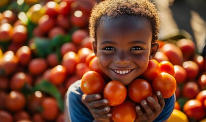 Fototapeta premium Smiling child holds many ripe red tomatoes.