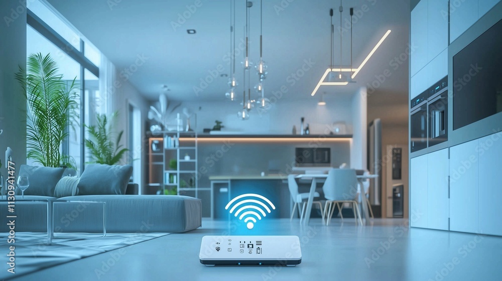 Poster smart home with iot hub, showcasing connectivity and automation.