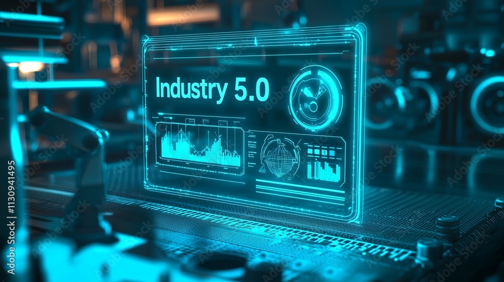 Poster futuristic interface with industry 5.0, digital screens, and data visualization.