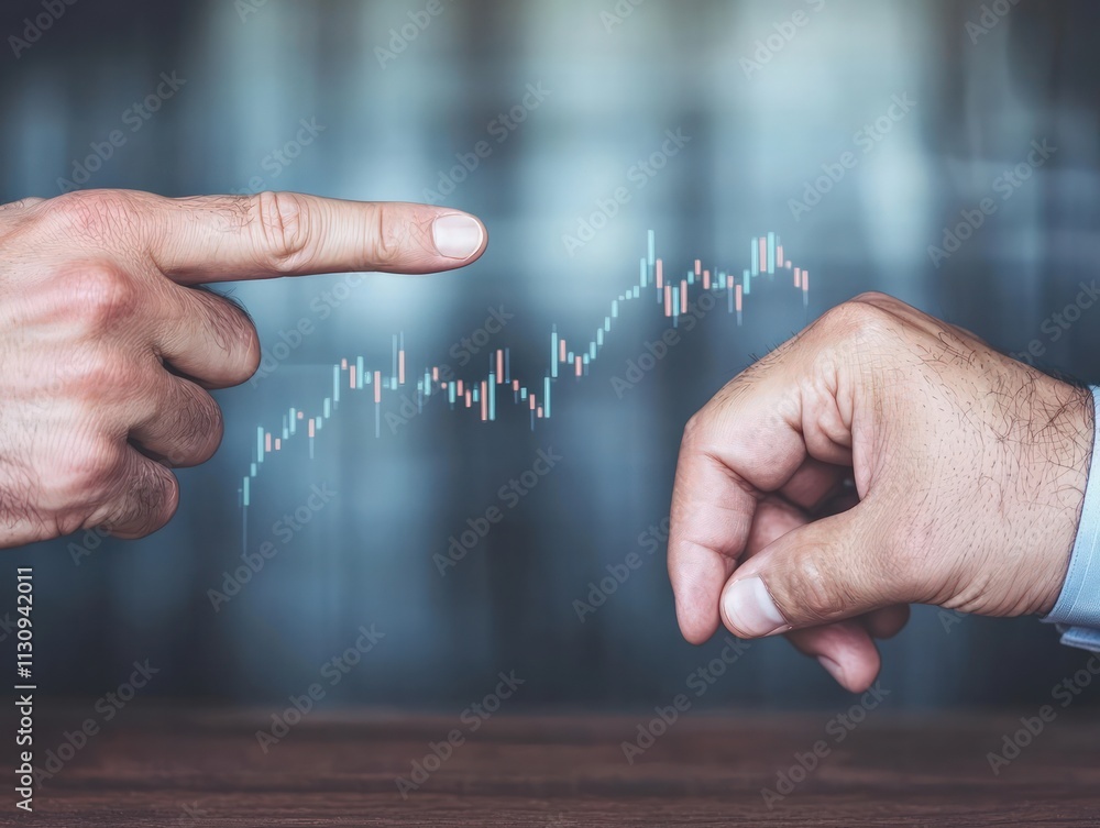 Poster two hands point towards a digital graph, symbolizing communication and collaboration in finance and 