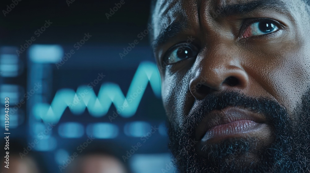 Aufkleber a focused man with a serious expression looks at fluctuating data on screens, conveying urgency and 