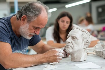 An artist meticulously carves a clay bust in a well-lit studio, showcasing the intricate details and the dedication involved in the sculpting process alongside a focused student.