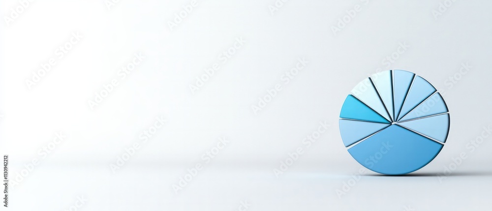 Poster a minimalist pie chart in blue tones, positioned against a light background, symbolizing data repres