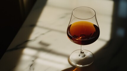 Close-up of a vintage Armagnac in a tulip-shaped glass, resting on a marble tabletop with rich mahogany hues and delicate reflections, exuding elegance and timeless luxury.
