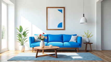 Mock up of a modern bright living room with a beautiful comfortable blue sofa and a stylish decoration. 