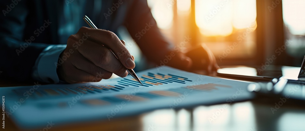 Poster a person analyzing graphs and data on paper with a pen, illuminated by warm light, suggesting focus 