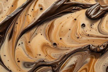 A smooth mocha mousse composition featuring light caramel waves and bold espresso streaks.