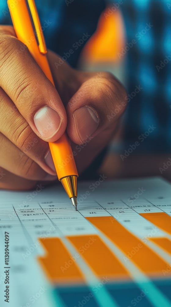 Poster a person holds an orange pen while analyzing a colorful graph or chart on paper, indicative of data 