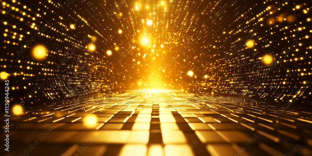 Poster brilliant golden background with a high-tech triangular block structure. the wall's texture, with gl