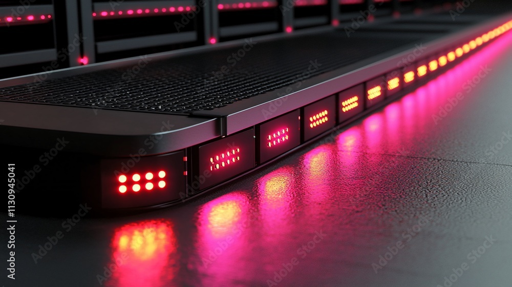 Poster illuminated server rack aisle with led lights.