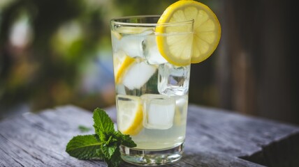 Refreshing drink with lemon on a gray background. Warm water with a slice of lemon next to a blue napkin