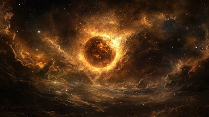 Obraz premium Celestial Inferno: A Fiery Planet Amidst Starry Clouds