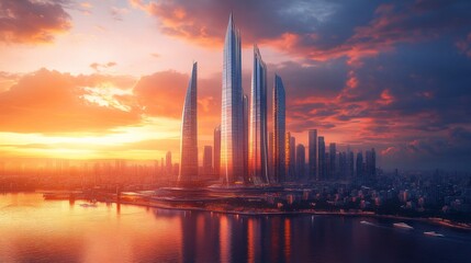 Naklejka premium Futuristic city skyline at sunset.