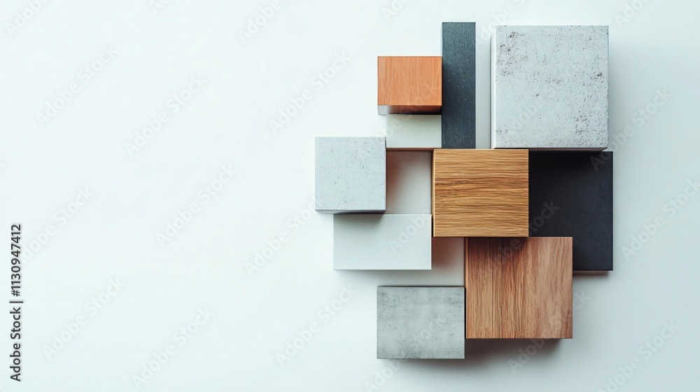 Poster abstract composition of colorful wooden and concrete blocks on a white background, creating a visual