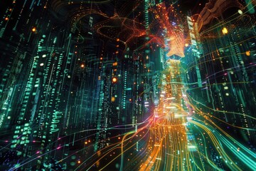 Obraz premium An artistic rendering of artificial intelligence as a glowing neural network, threads of pulsating light converging into a humanoid figure surrounded by floating streams of data.