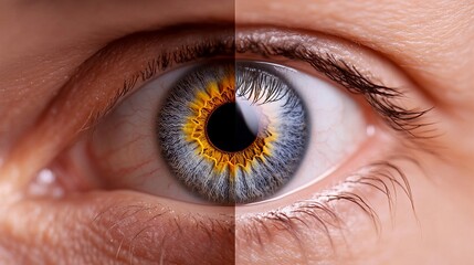 Fototapeta premium Close-up of a human eye, showcasing intricate details with a vibrant iris and contrasting colors.