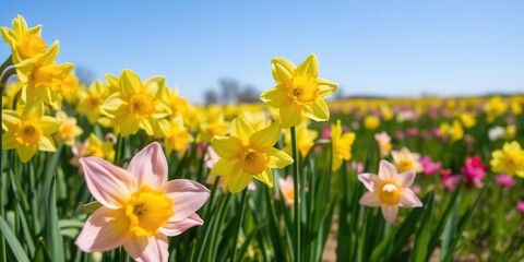 Obraz premium Beautiful landscape of vibrant yellow daffodil flowers blooming in a lush green field under a clear blue sky, flowers, outdoors
