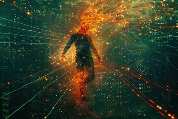 An artistic rendering of artificial intelligence as a glowing neural network, threads of pulsating light converging into a humanoid figure surrounded by floating streams of data.