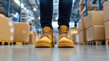 Fototapeta premium Packages stacked around worker's boots
