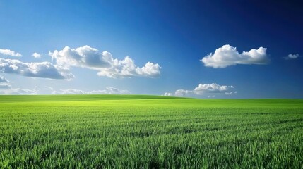 Obraz premium Lush Green Field Under Bright Blue Sky with Fluffy White Clouds