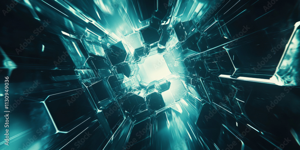 Poster futuristic abstract design with glowing hexagonal tiles in blue and teal. the light between the shap