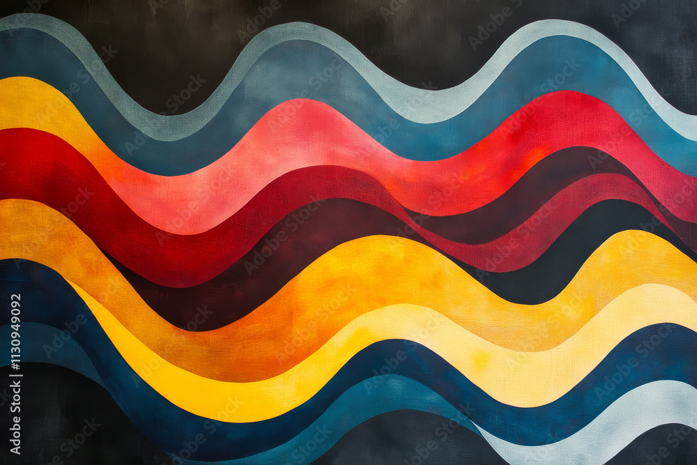 Poster a dynamic wave pattern in bold shades of red, yellow, and blue, creating high contrast and movement 