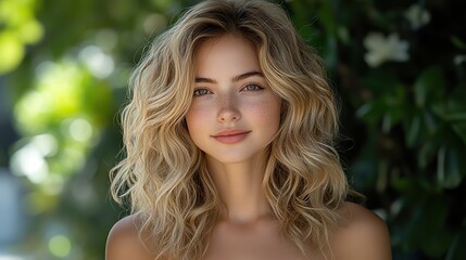 Naklejka premium A young woman with natural curly blonde hair highlights the beauty of hair care, make-up, and hair health