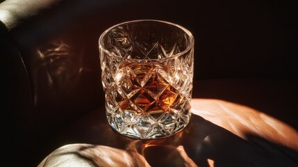 Close-up of small-batch artisan bourbon in a heavy-cut crystal glass with deep caramel hues, placed on a luxurious dark leather surface, showcasing intricate reflections and warmth.